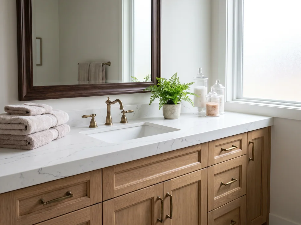 Bathroom vanity with custom cabinetry and quartz top