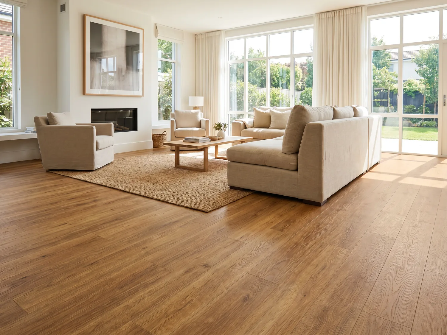 Bright living room with warm luxury vinyl plank flooring