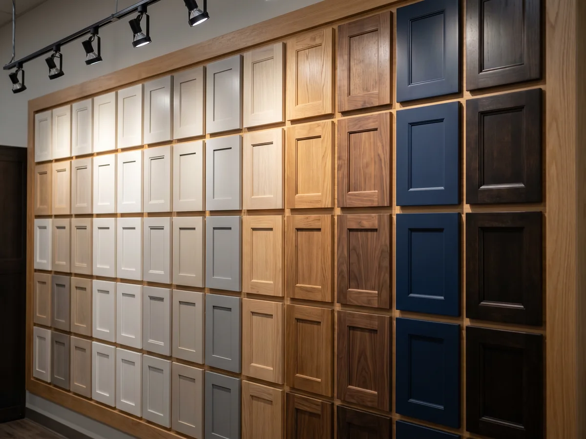 Cabinet door color and stain samples in white, gray, natural wood, navy and espresso