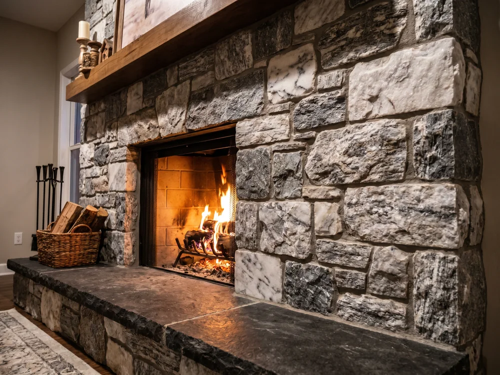 Living room fireplace with stone and quartz surround