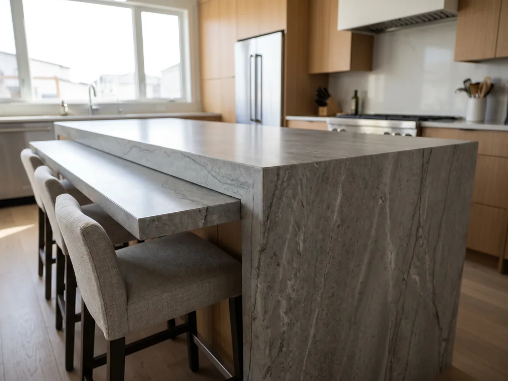 Waterfall-edge quartz kitchen island with bar seating