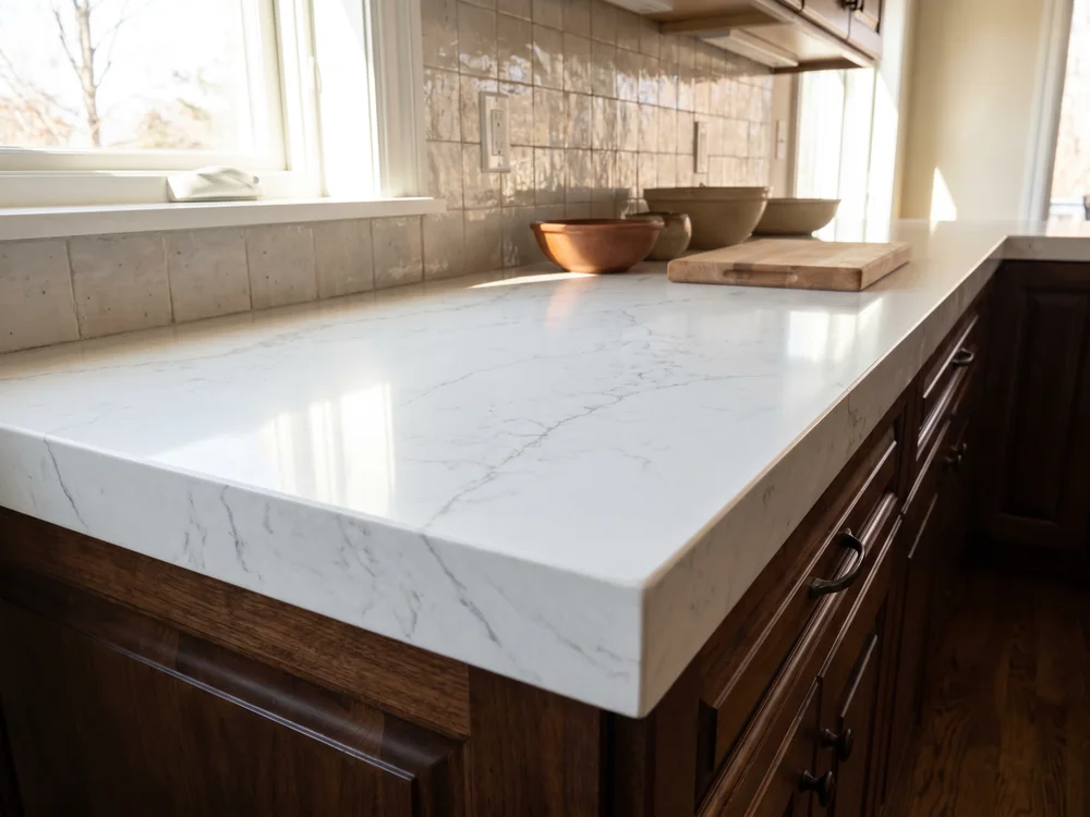 Kitchen quartz countertop on custom cabinetry
