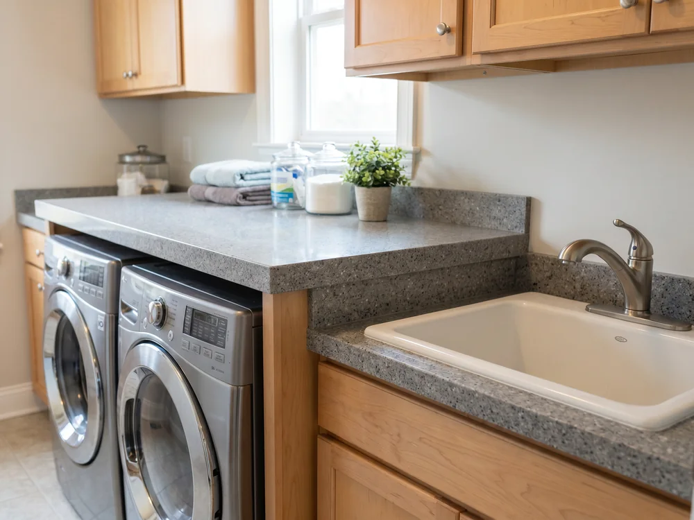 Laundry room with quartz countertop over washer and dryer