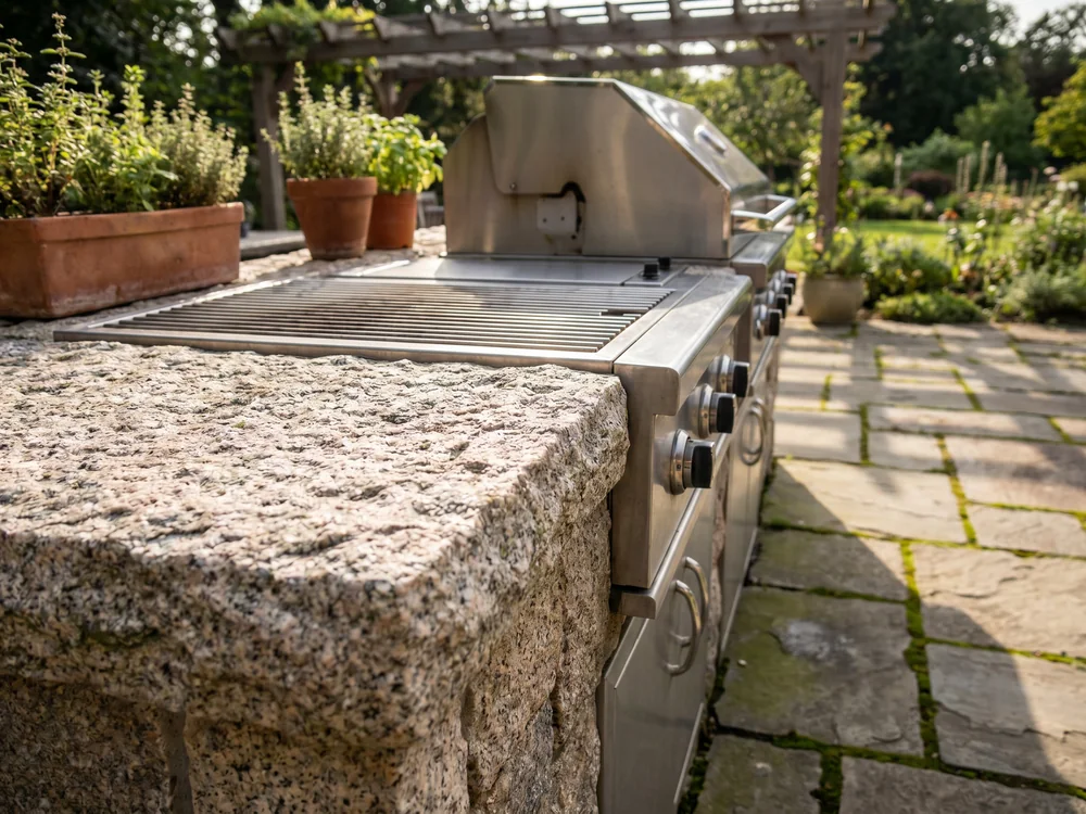 Outdoor kitchen with granite countertop and built-in grill