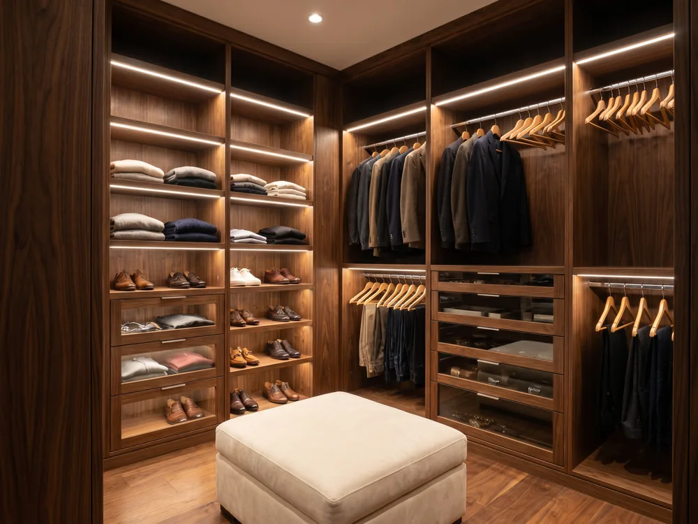Custom walk-in closet with built-in wood cabinetry