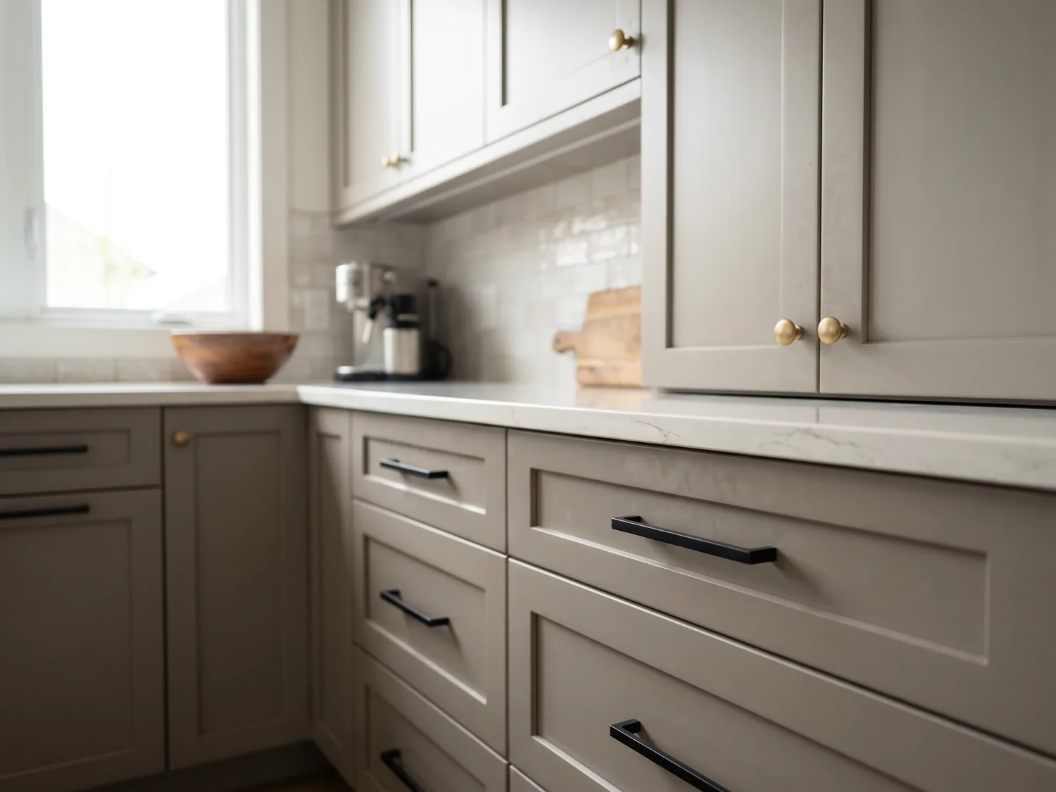 Kitchen cabinets with matte-black bar pulls and brass knobs