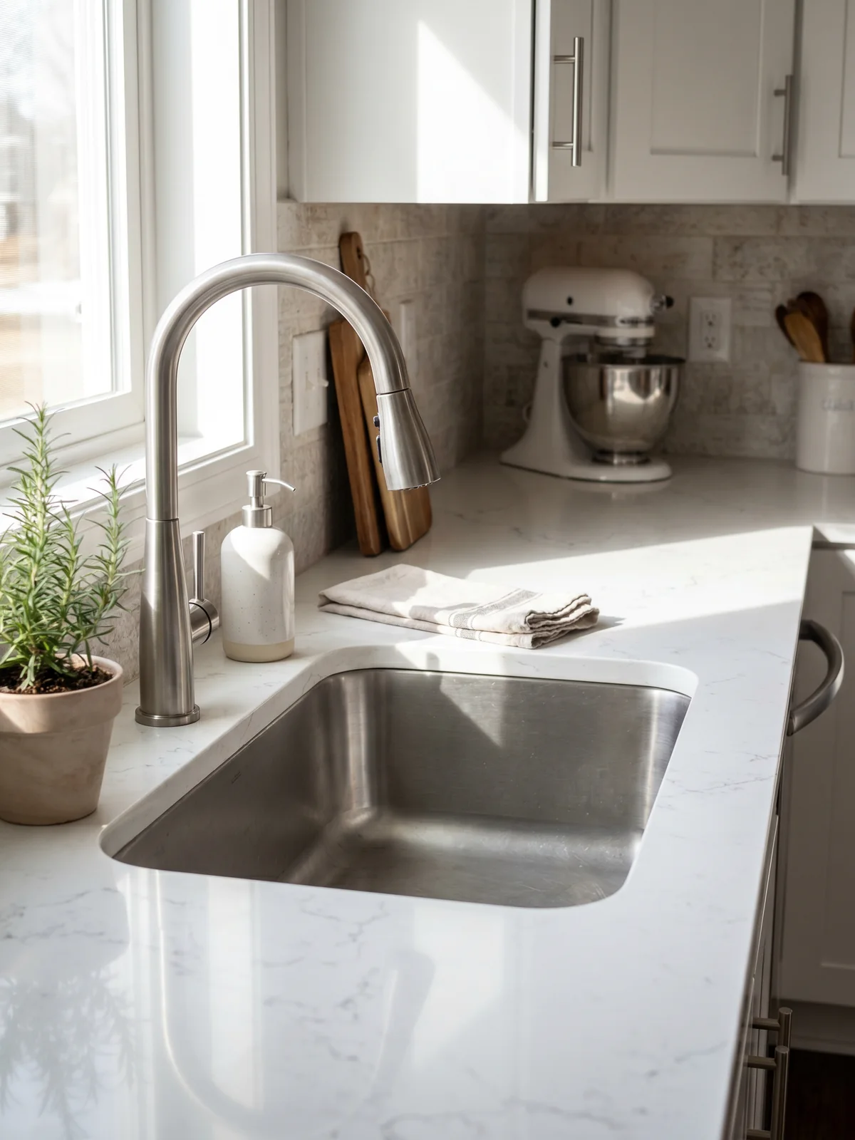 Stainless undermount kitchen sink with a modern pull-down faucet on a quartz countertop