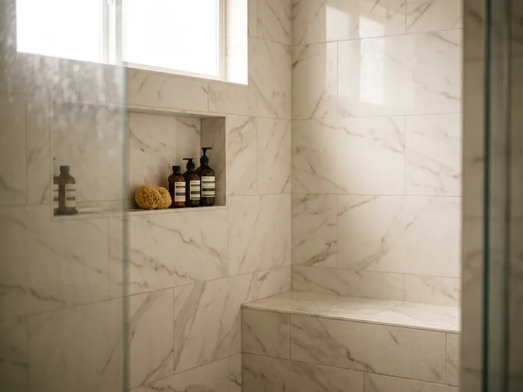 Marble-tiled shower with recessed niche and bench