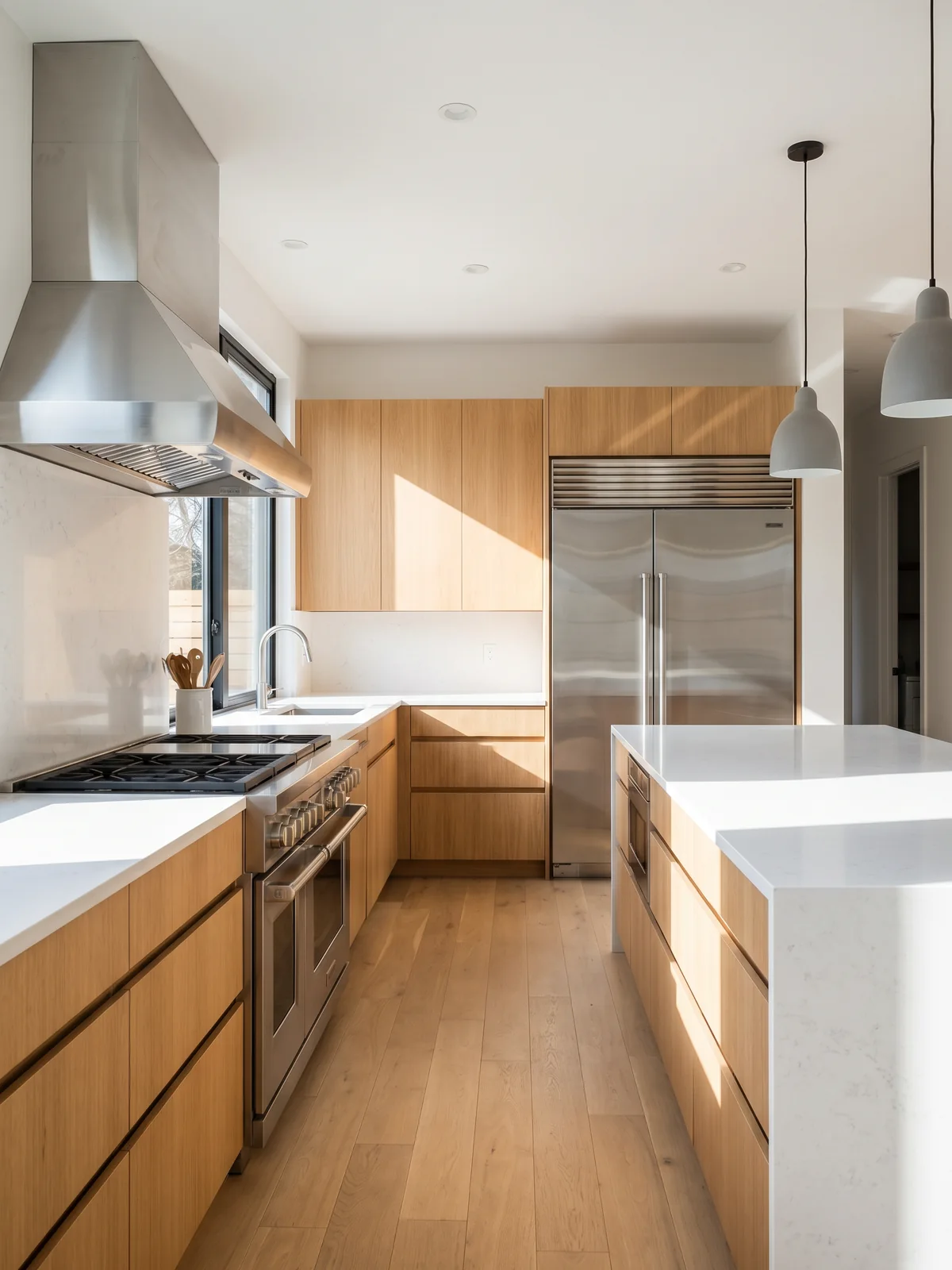 Modern kitchen with stainless steel range, vent hood and refrigerator