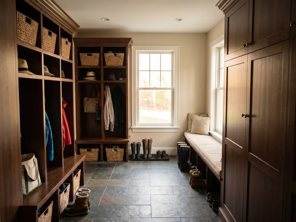 Mudroom with built-in lockers, cubbies and bench