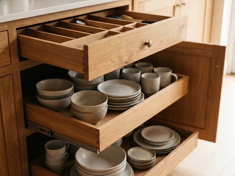 Organized pull-out cabinet shelves and drawer