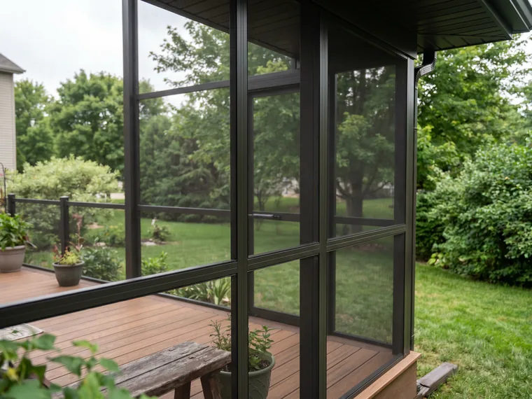 Screened-in porch enclosure with a wood deck floor