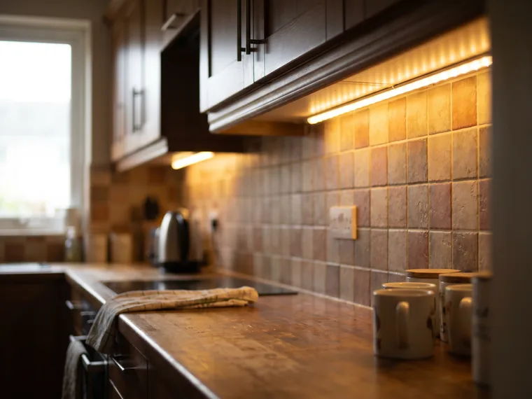 Under-cabinet task lighting glowing on a counter and backsplash