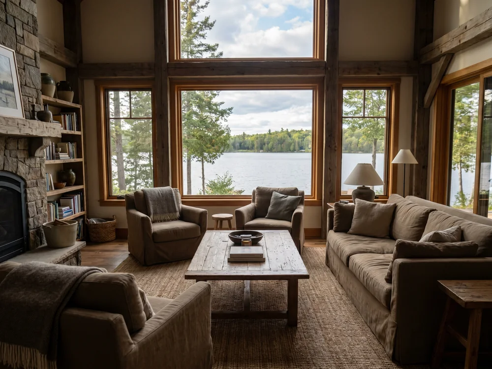 Warm finished living room in a custom lake home